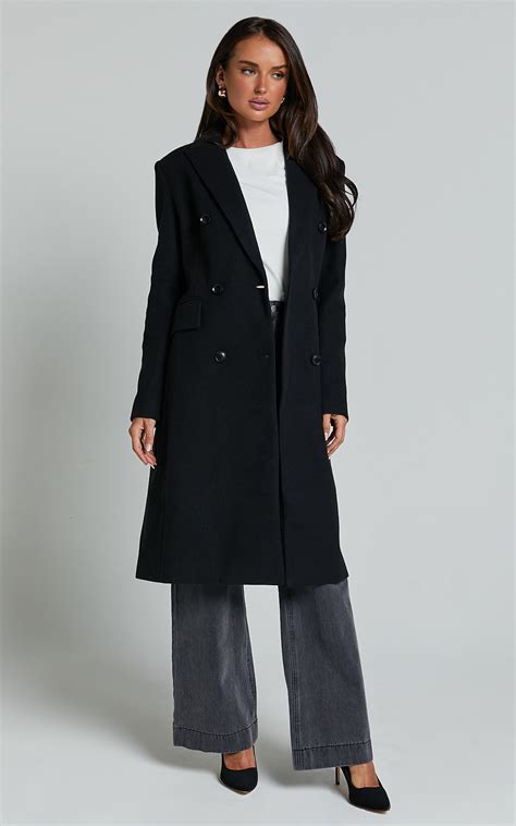 Charlotte Coat Double Breasted Long Line Coat In Black Showpo Uk