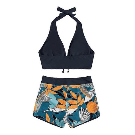 Lady Leaf Print Bikini Set Halterneck Bra Top High Waist Boy Shorts Swimsuit Summer Beach