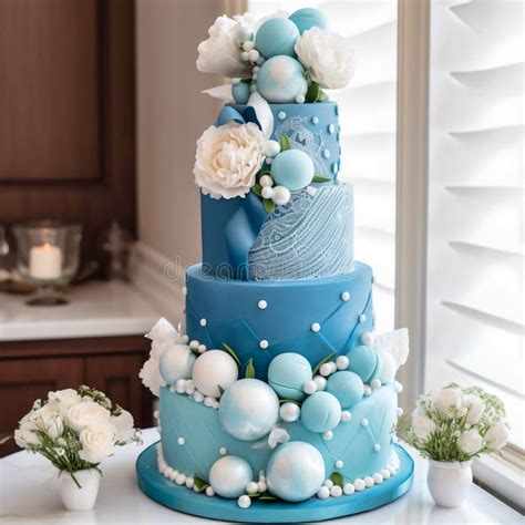 Large Five Tiered Blue Cake With Flowers And Blu Generative Ai Stock