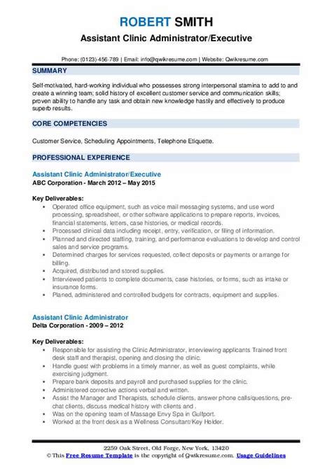 Assistant Clinic Administrator Resume Samples Qwikresume