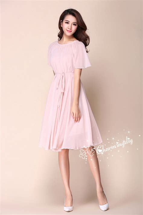 110 Colors Chiffon Nude Pink Short Sleeve Knee Skirt Party Etsy