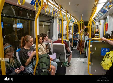 Tram Interior Manchester England Britain Stock Photo Alamy
