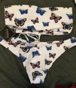 Zaful Butterfly Print Lace Up Bandeau Bikini Swimwear In Light Pink Zaful