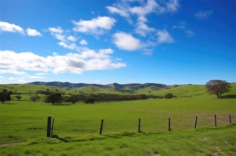 Premium Ai Image Pasture Surrounded By Rolling Hills And Blue Skies