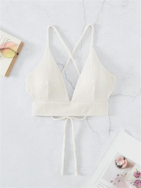Shein Swim Basics Solid Criss Cross Backless Bikini Top Shein Usa