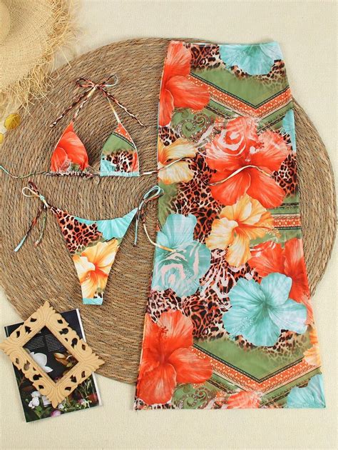 Sexy Leopard Floral Print Halter Tie Up Bikini Set With Coverup And Mini Skirt European And