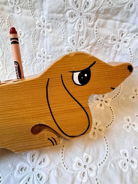 Vintage Wood Dachshund Crayons Holder Weiner Dog Hand Painted Childrens