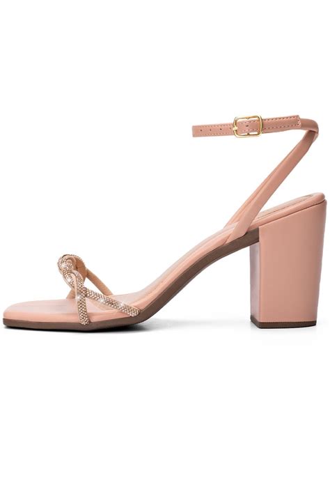 Sand Lia Feminina Salto Alto Bloco Lumiss Tiras Strass Brilho Tran A Confort Vel Nude Compre