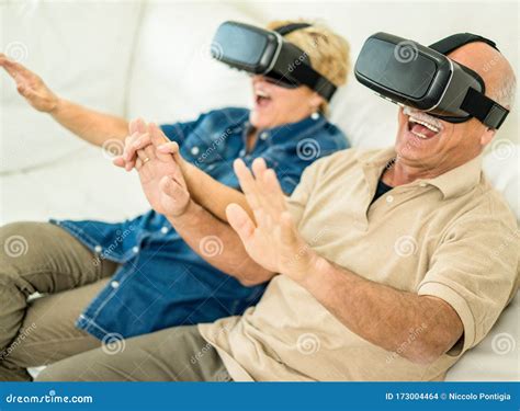 Senior Mature Couple Having Fun With Virtual Reality Glasses Old People Using New Vr Headset
