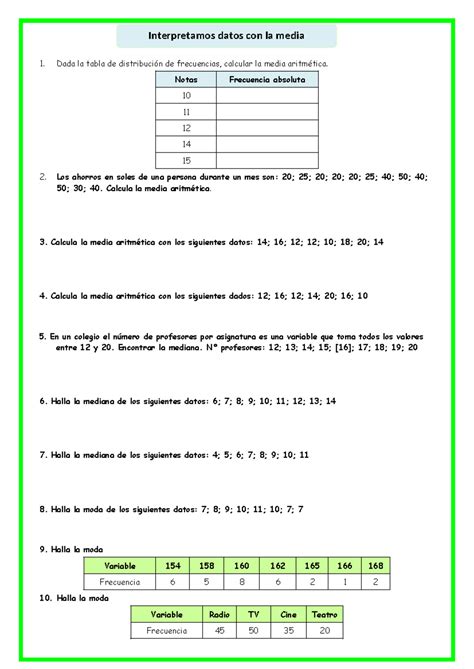 Ficha JUEV 25 MATE - Cálculo de Media Aritmética y Mediana - Studocu