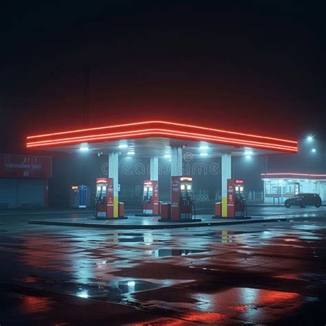 Foggy Fueling Station Gas And Oil Station Illuminated In Darkness Stock