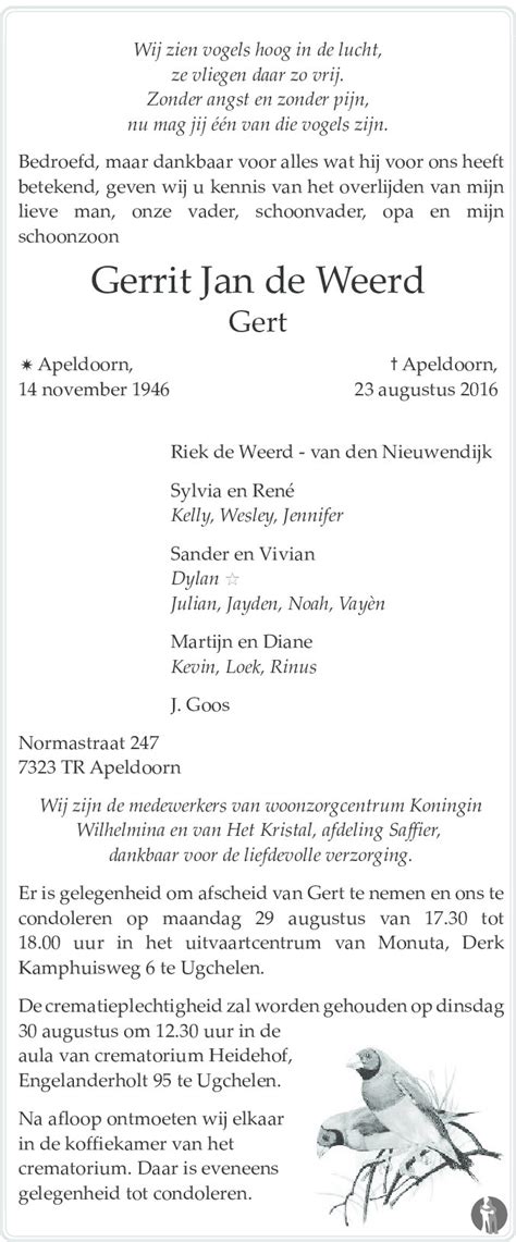Gerrit Jan Gert De Weerd 23 08 2016 Overlijdensbericht En
