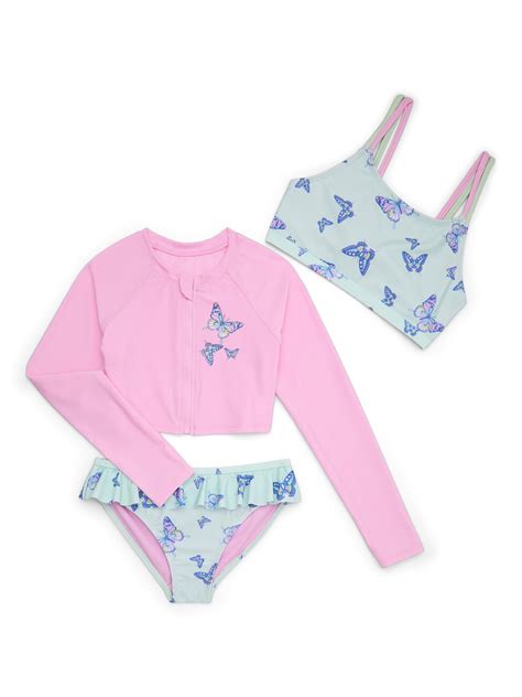 Wonder Nation Girls Long Sleeve Zip Up Crop Rash Guard With Bikini Top And Bottom Swimsuit