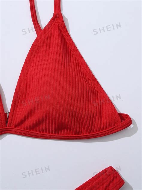 SHEIN Swim Summer Beach Mono Bikini Set Rib Knit Triangle Bra High Cut Bottom Piece Swimsuit