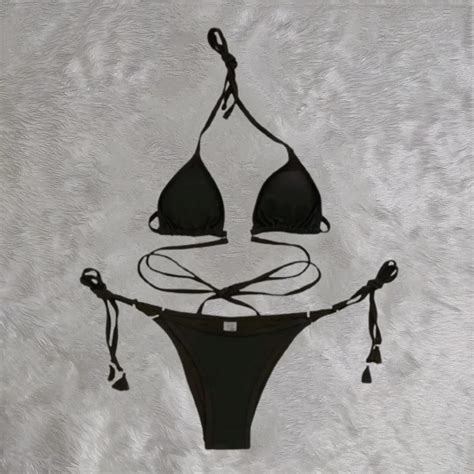 Black Ring Linked Triangle Tie Side Bikini With Gold Hardware On Carousell