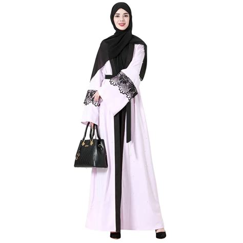 Islamic Clothes Pearl Beading Lace Patchwork Muslim Women Cardigan