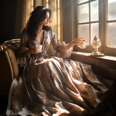 Premium Photo Beautiful Brunette Woman Having Morning Coffee At