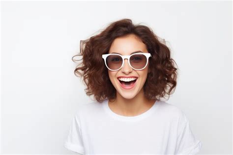 Premium AI Image Joyful Brunette Beauty Playfully Peeks Behind Blank