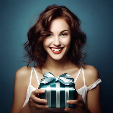 "The woman and the gift are smiling" — image created in Shedevrum