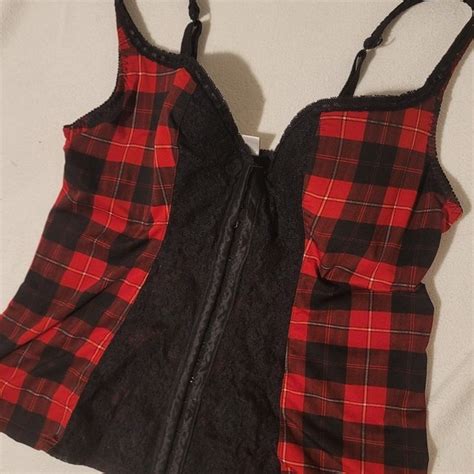 Torrid Intimates Sleepwear S Vintage Torrid Sexy Plaid Lingerie Corset Hook Black Red Y K