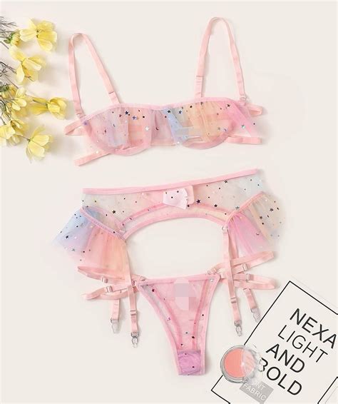 Buy Lilosy Sexy Underwire Colorful Kawaii Cute Sheer Garter Belt Lingerie Set Bra And Panty