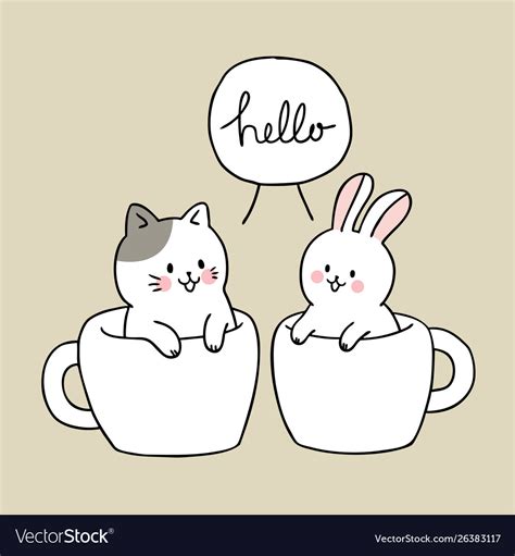 Cartoon cute cat and rabbit in cup coffee Vector Image