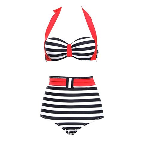 Bikini Vintage Modello Pinup Anni S Vita Alta Bianco E Nero A Strisce Con Particolari Rossi