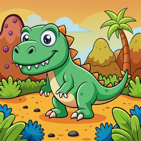 Un Dinosaurio De Dibujos Animados Con Una Palmera En El Fondo Vector