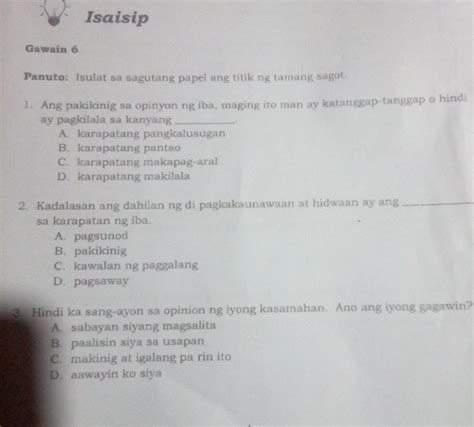 Isaisip Gawain Panuto Isulat Sa Sagutang Papel Ang Titik Ng Tamang