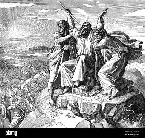 Illustration of Aaron and Hur Staying Moses Hands from Antique Bible ...