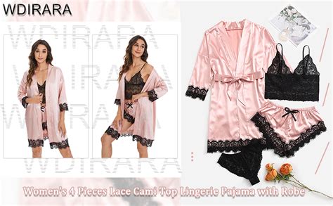 WDIRARA Women Silk Satin Pajamas Set 4pcs Lingerie Floral Lace Cami Sleepwear With Robe At