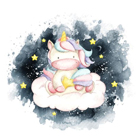 Акварель милый единорог сидит на облаке | Премиум векторы