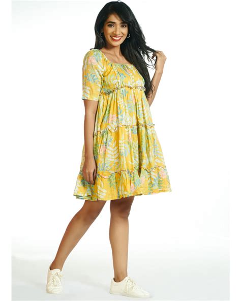 Yellow Tropical Short Frill Dress By Threeness The Secret Label