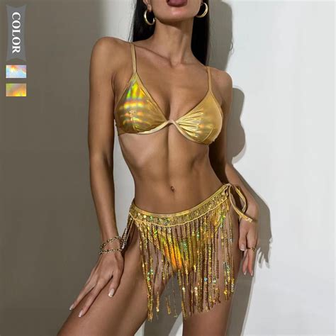 Sexy Shiny Silver Sequin Bikini Fringe Bandeau Swimwear Women Beach Bathing Wear Summer Swim