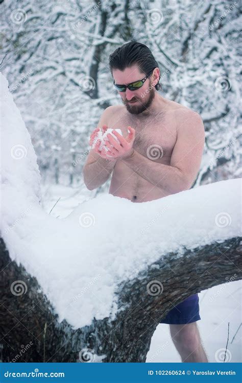 Naked Wild Man In Sunglasses The Winter Snowy Forest Stock Photo Image Of Blue Wild 102260624