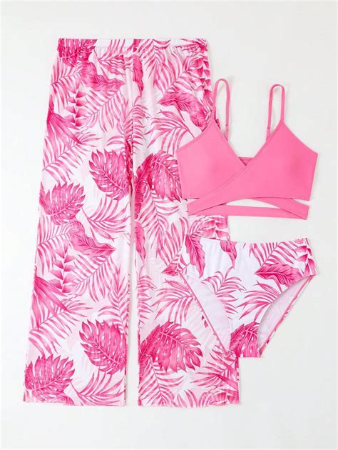 Conjunto de tres piezas de bikini con estampado de plantas tropicales para niña preadolescente