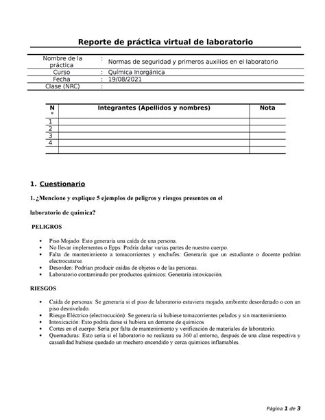 Cuestionario Semana 1 Reporte de práctica virtual de laboratorio