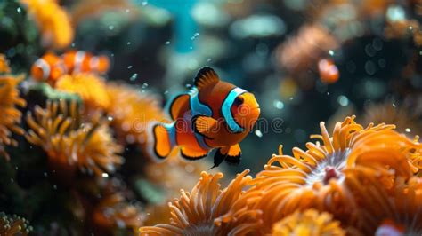 Clownfish Swimming Among Sea Anemones In Vibrant Coral Reef Underwater