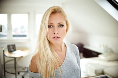 Women Blonde Blue Eyes Face Portrait No Bra Depth Of Field Miro Hofmann