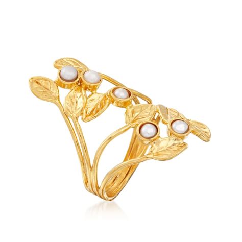 3mm Cultured Pearl Leaf Ring In 18kt Gold Over Sterling Ross Simons