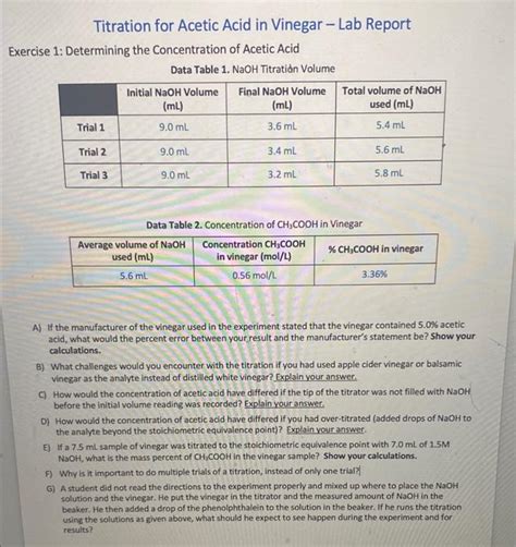 Solved Titration For Acetic Acid In Vinegar Lab Report Chegg