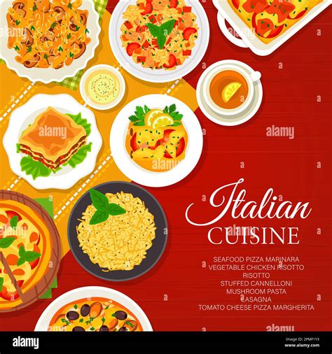 Italian Cuisine Menu Cover Food Dishes And Meals With Pasta Pizza And