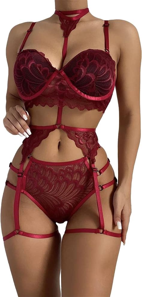 Osy Sexy Choker Floral Lace Underwire Push Up Garter Belt Lingerie Set For Women Sheer Bra And