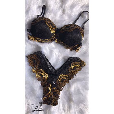 Conjunto Lingerie Bicolor Preto E Dourado G Shopee Brasil