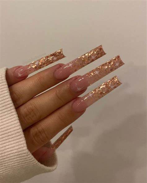 Long Clear Nude Gold Foil Sparkle Gel Nails Artofit
