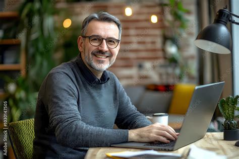 Smiling Mature Adult Business Man Executive Sitting At Desk Using Laptop Happy Busy