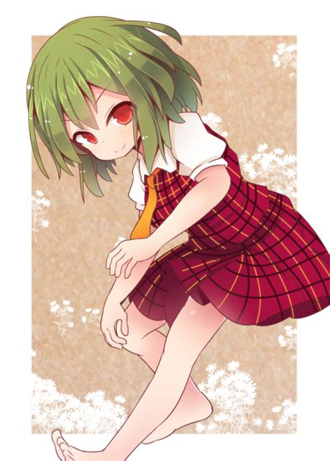 Safebooru 1girl Ascot Barefoot Beni Shake Checkered Checkered Skirt Checkered Vest Green Hair