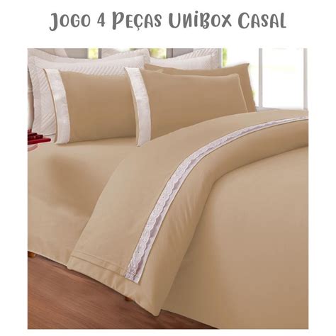 Jogo de Lençol Peças Box Conjugado Unibox Casal Bordado Inglês Nude