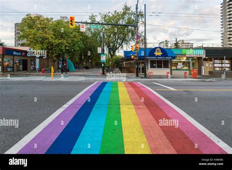 Vancouver British Columbia Canada September Gay Pride Flag Crosswalk In Vancouver