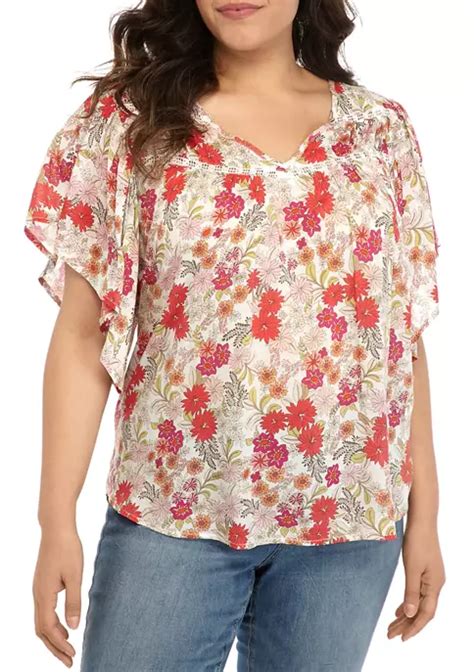 Democracy Plus Size Floral Flutter Sleeve Woven Blouse Belk